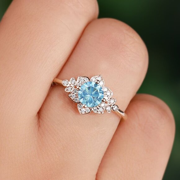 Vintage Style Floral ring - Aquamarine Blue, Art Deco Flower March Birthstone - Picture 1 of 2